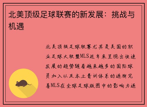 北美顶级足球联赛的新发展：挑战与机遇