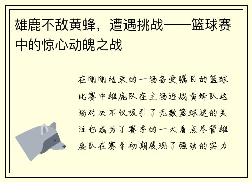 雄鹿不敌黄蜂，遭遇挑战——篮球赛中的惊心动魄之战